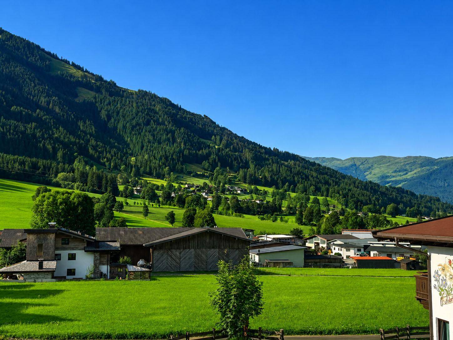Weitläufiger Blick über ein grünes Tal mit traditionellen Häusern und bewaldeten Berghängen.