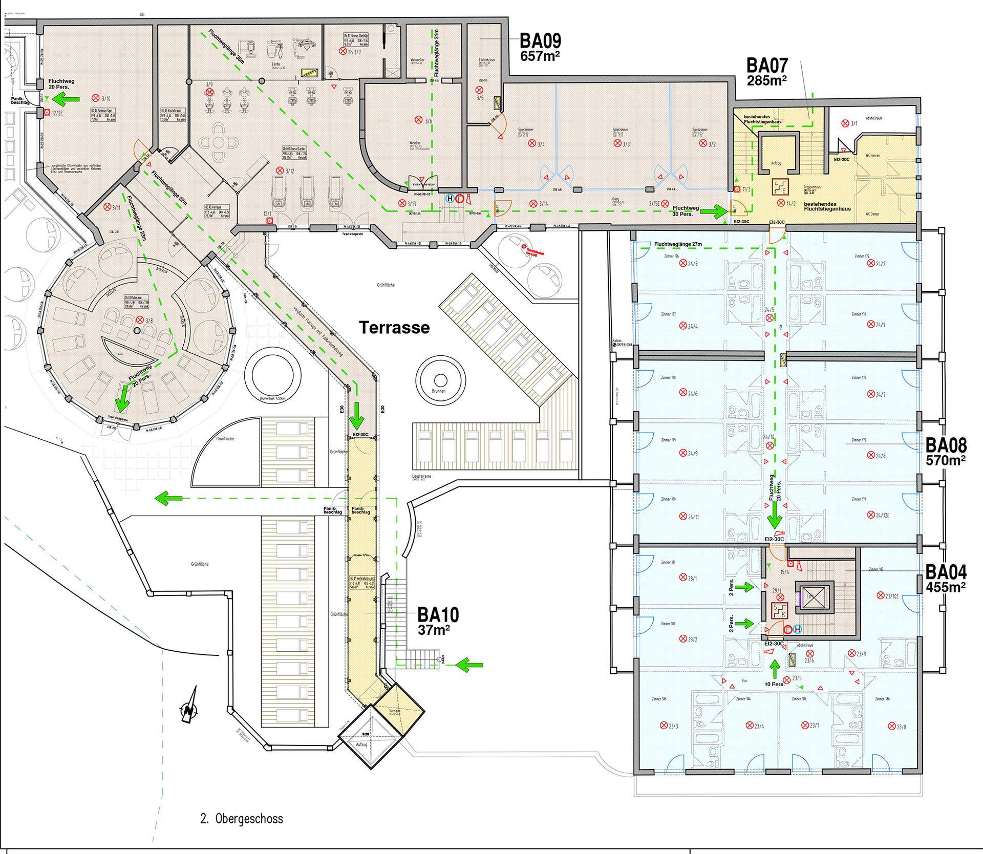 Grundriss des zweiten Obergeschosses mit weiteren Zimmern, einer Terrasse und verschiedenen Funktionsbereichen.