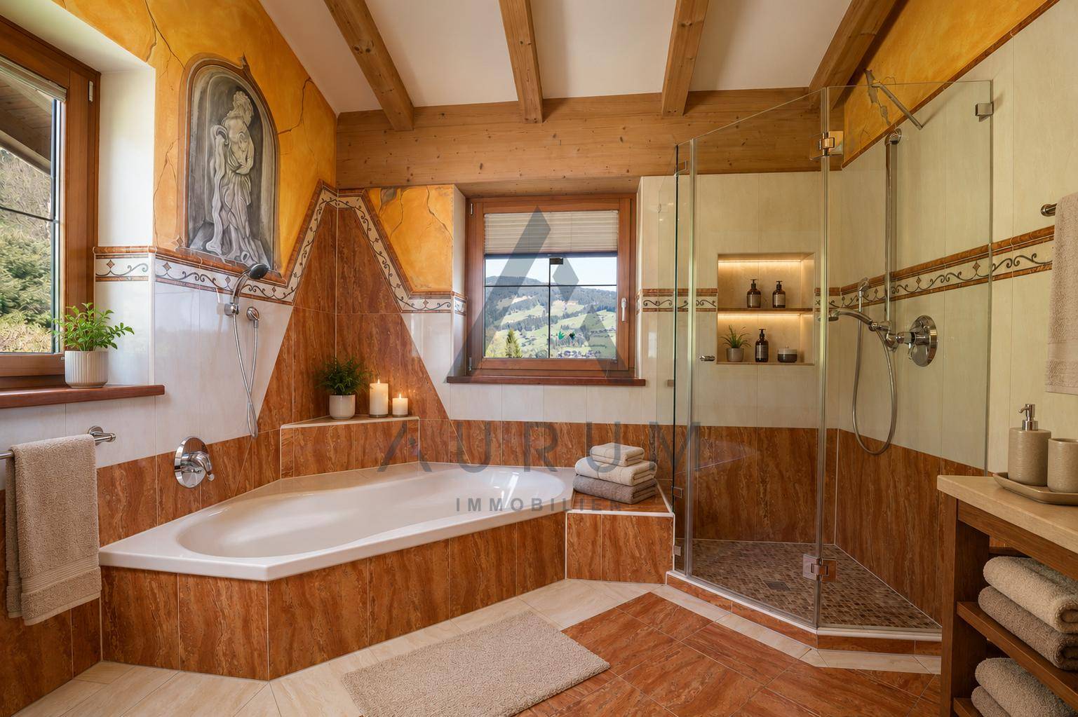 Rustikales Badezimmer mit Eckbadewanne, Dusche und einem Fenster mit malerischem Bergblick.