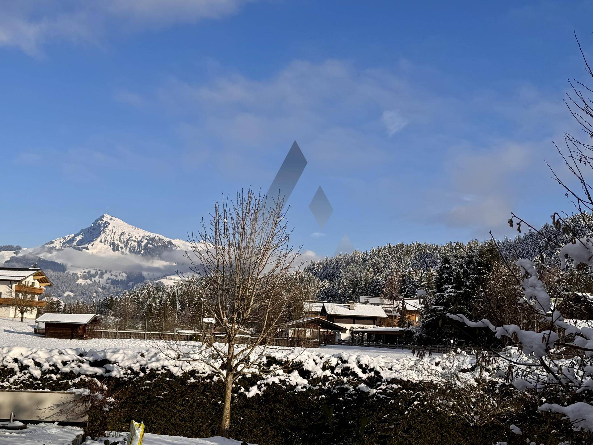 Idyllische Winterlandschaft mit schneebedeckten Bergen und bewaldeten Hängen unter blauem Himmel.