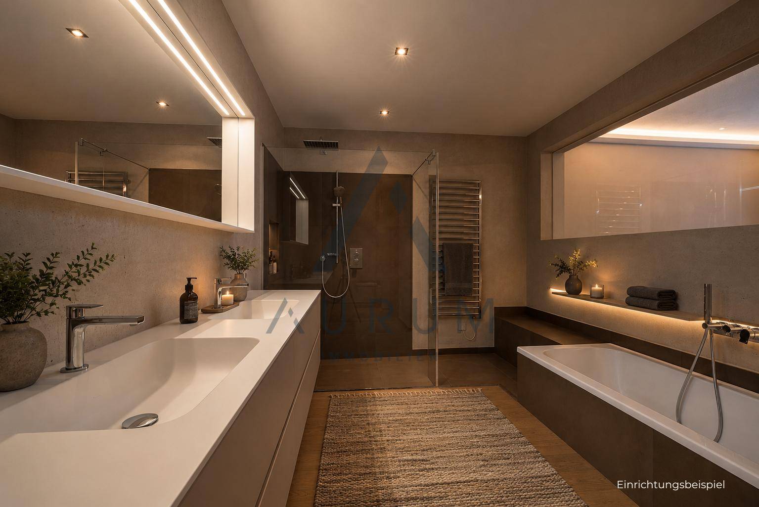 Elegantes Badezimmer mit Doppelwaschbecken, Badewanne und begehbarer Dusche.