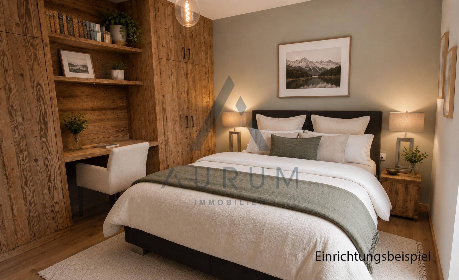 Gemütliches Schlafzimmer mit Holzeinbauschränken, Doppelbett und Blick auf die Berge.