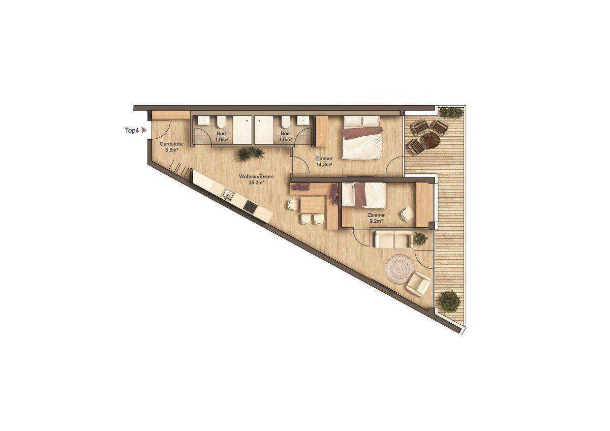 Grundriss einer Wohnung mit offenem Wohn-Essbereich, zwei Schlafzimmern und großer Terrasse.