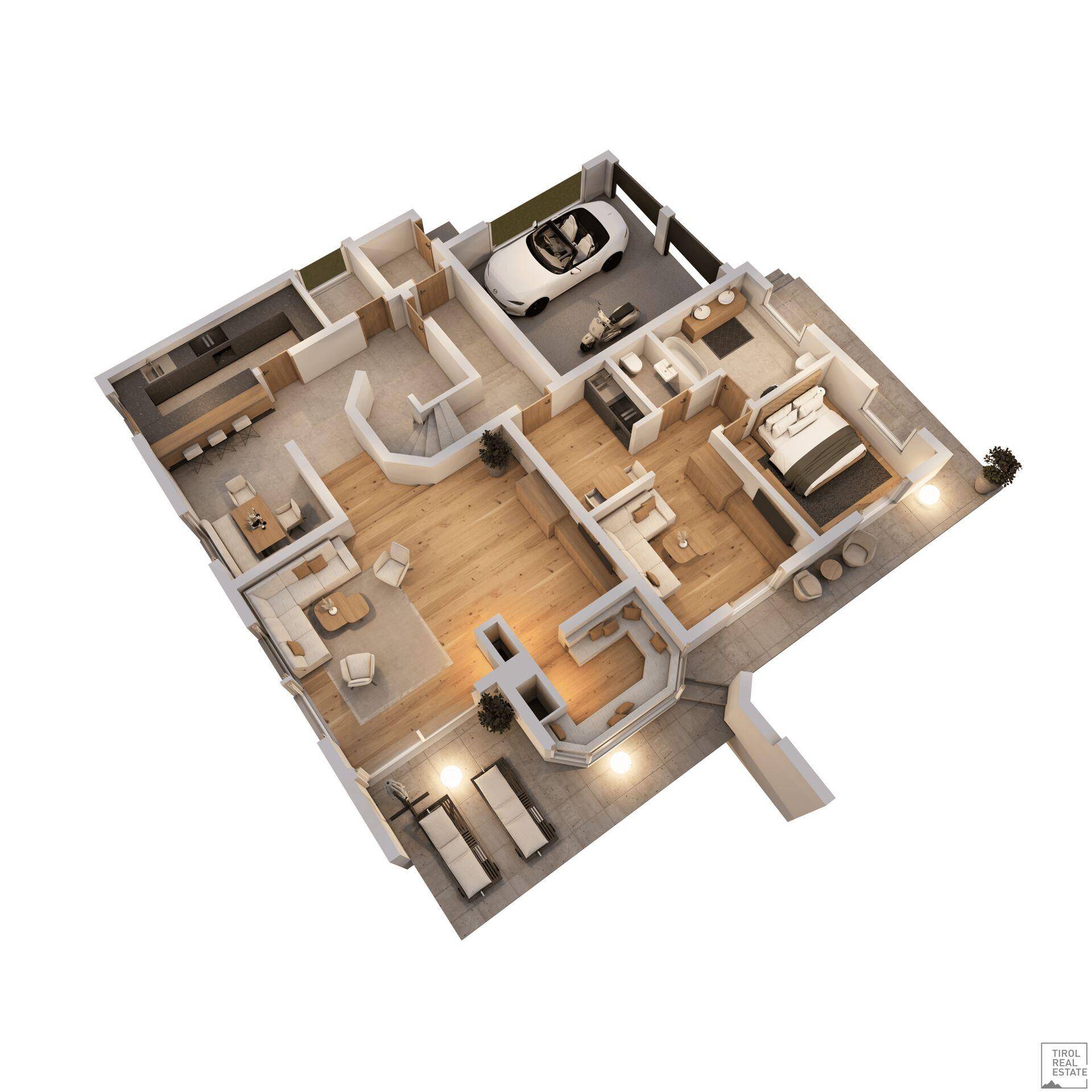 3D-Ansicht des Erdgeschosses mit offenem Wohnbereich, Küche und Terrasse.