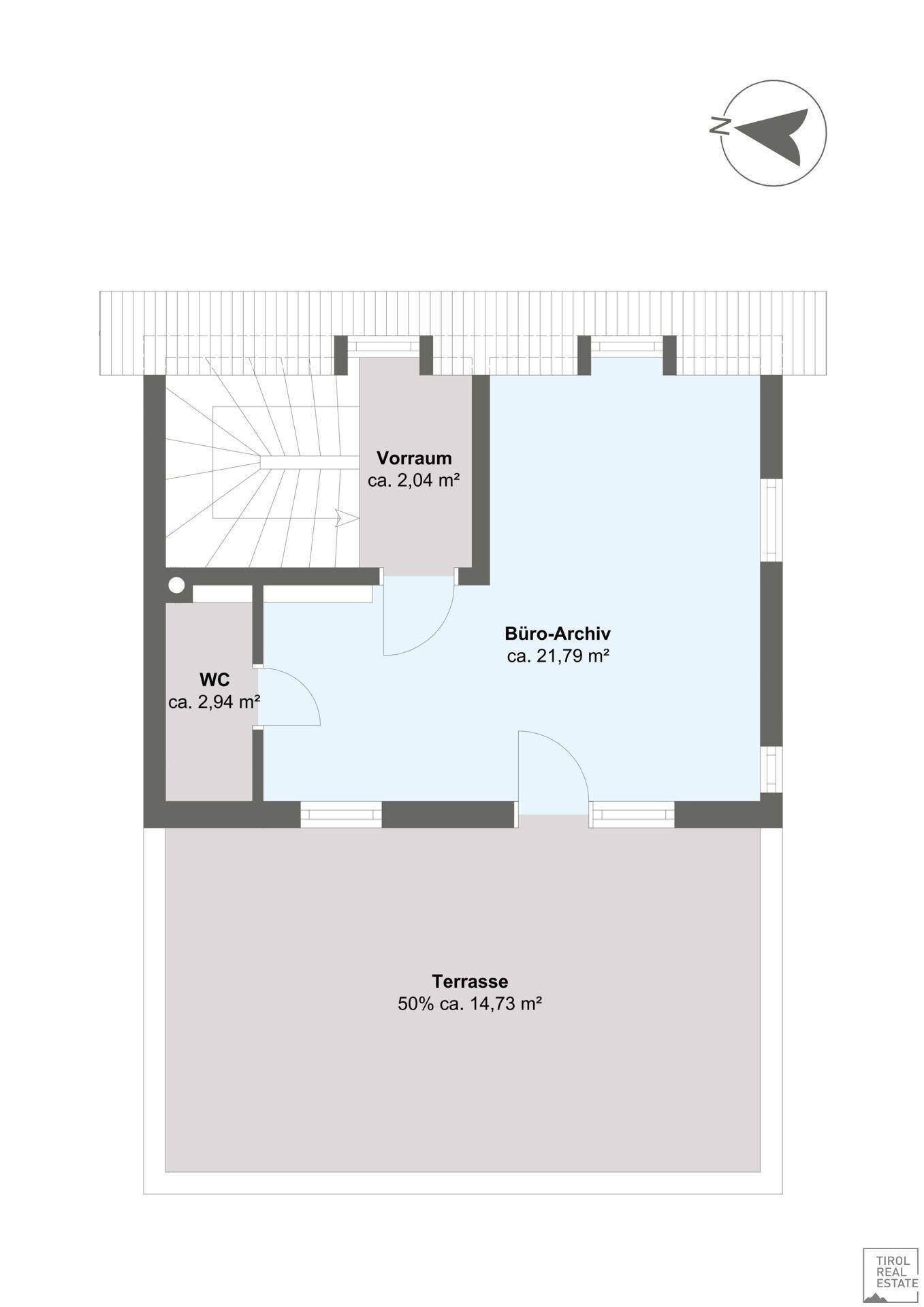 Grundrissplan zeigt einen Vorraum, WC, Büro-Archiv und eine großzügige Terrasse.