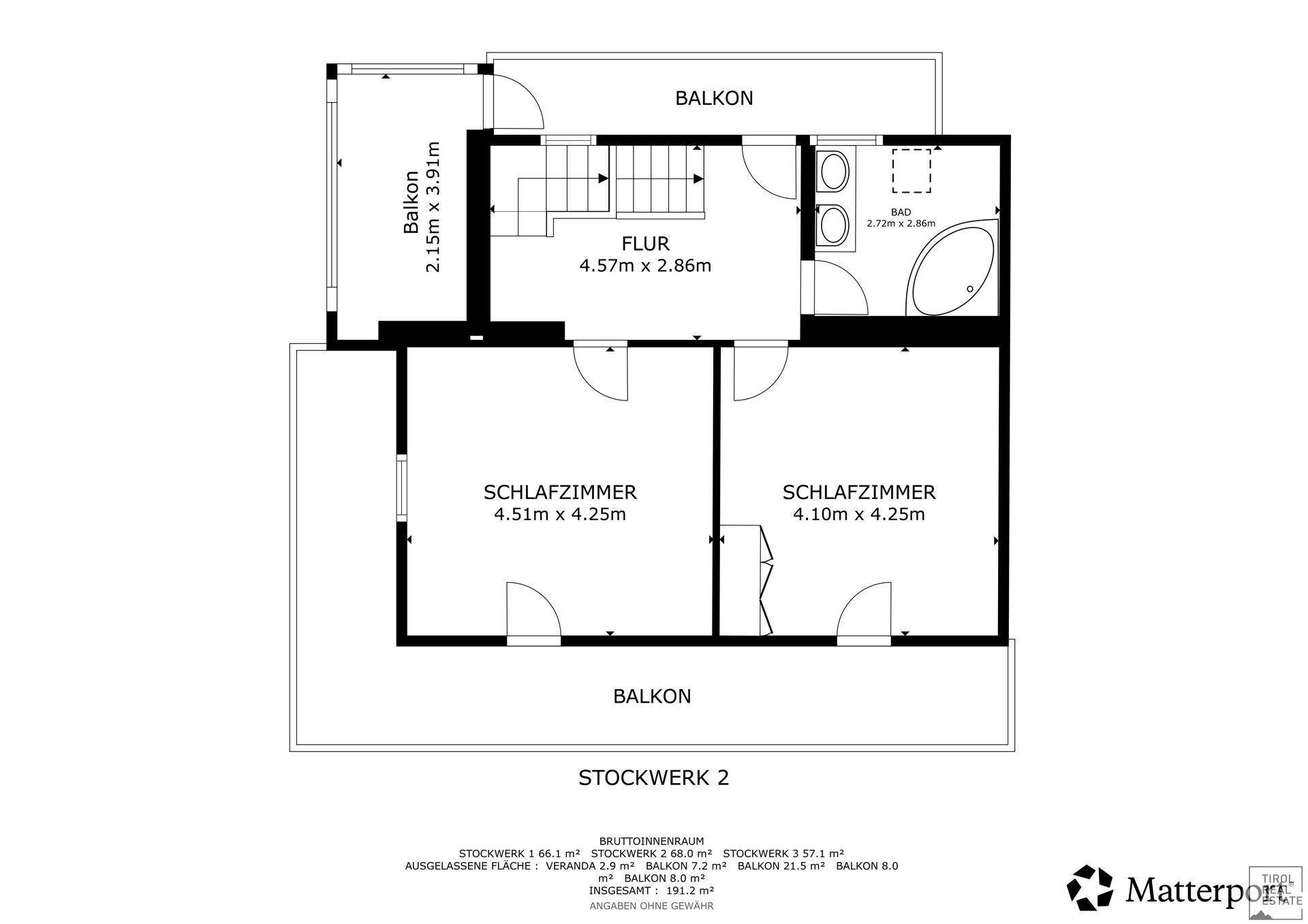 Grundriss des zweiten Obergeschosses mit zwei Schlafzimmern, Bad und Balkon.