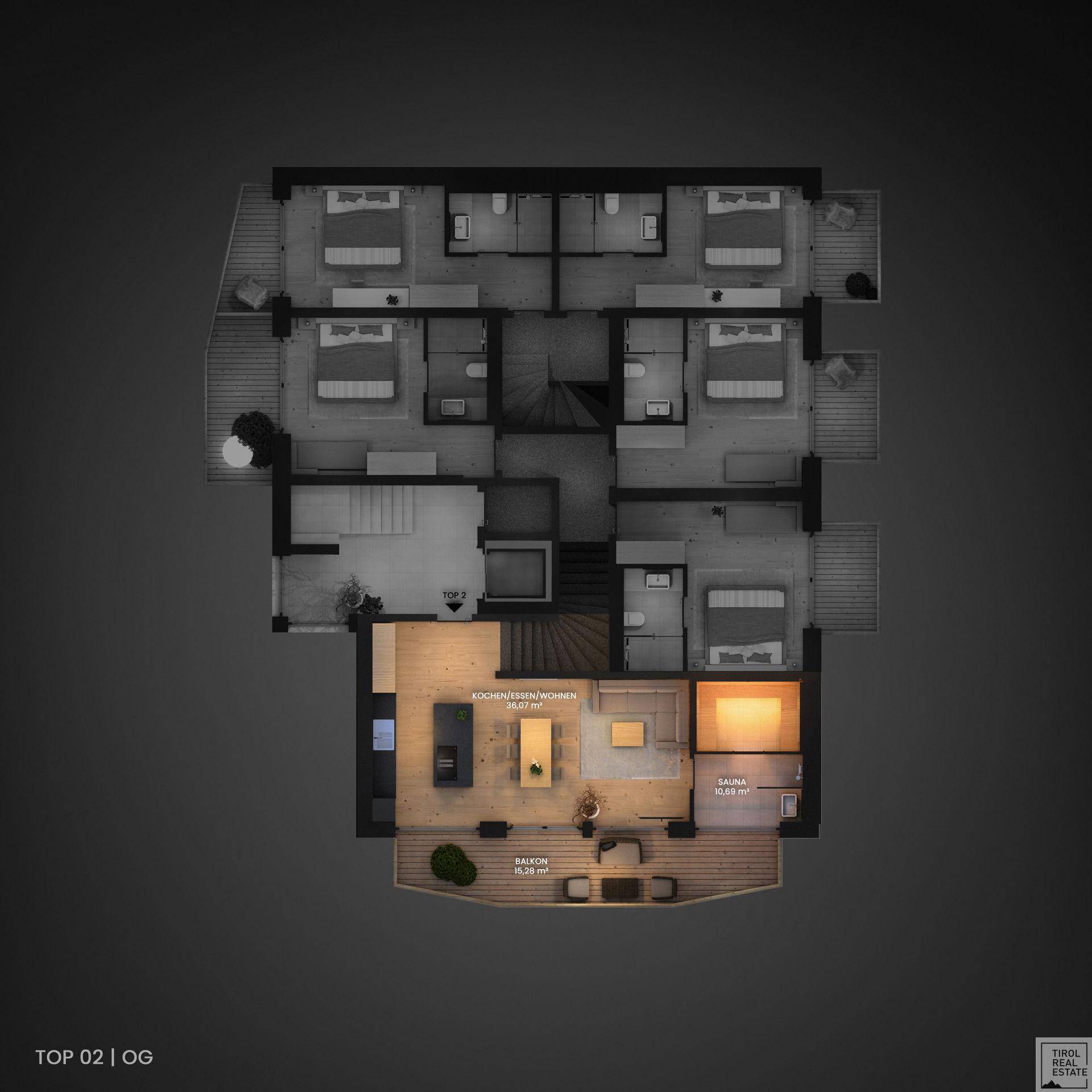 3D-Grundriss des Obergeschosses mit offenem Wohnbereich, Sauna und Balkon.