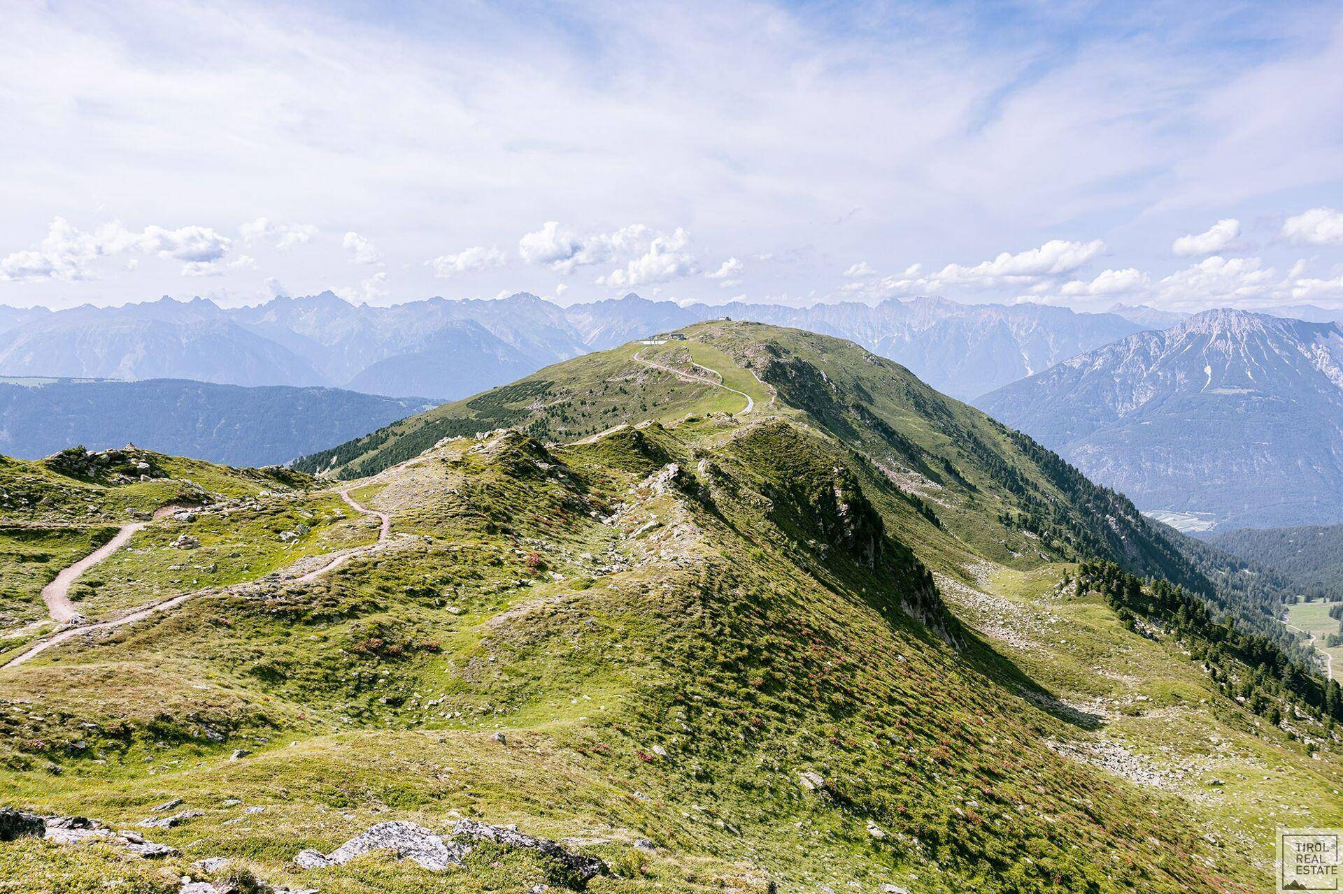 Grüne Berglandschaft mit Wanderwegen und weitem Blick auf die Alpenkette.