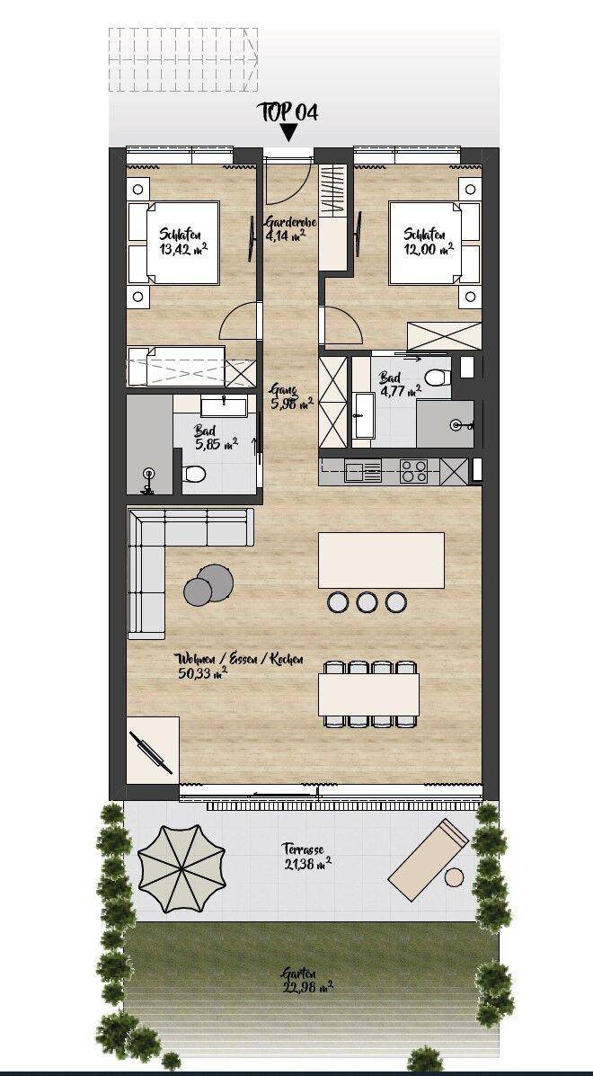Detaillierter Grundriss einer Wohnung mit zwei Schlafzimmern, offenem Wohnbereich und Terrasse.
