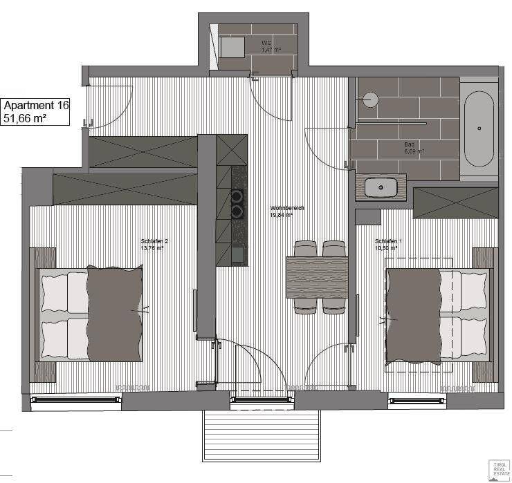 Grundriss der Wohnung 16 mit 51,66 m², zwei Schlafzimmern und offenem Wohnbereich.
