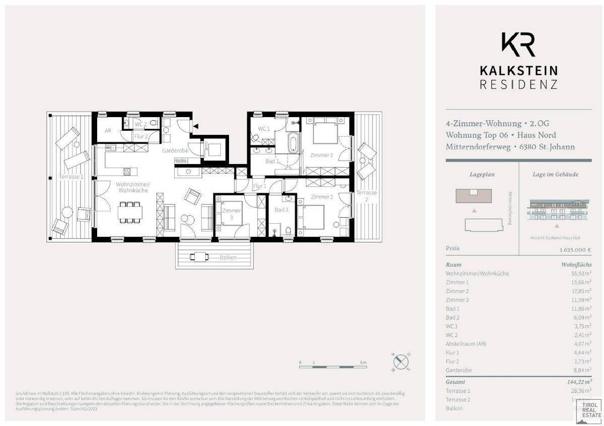 Detaillierter Grundriss einer 4-Zimmer-Wohnung mit Terrasse und Balkon.