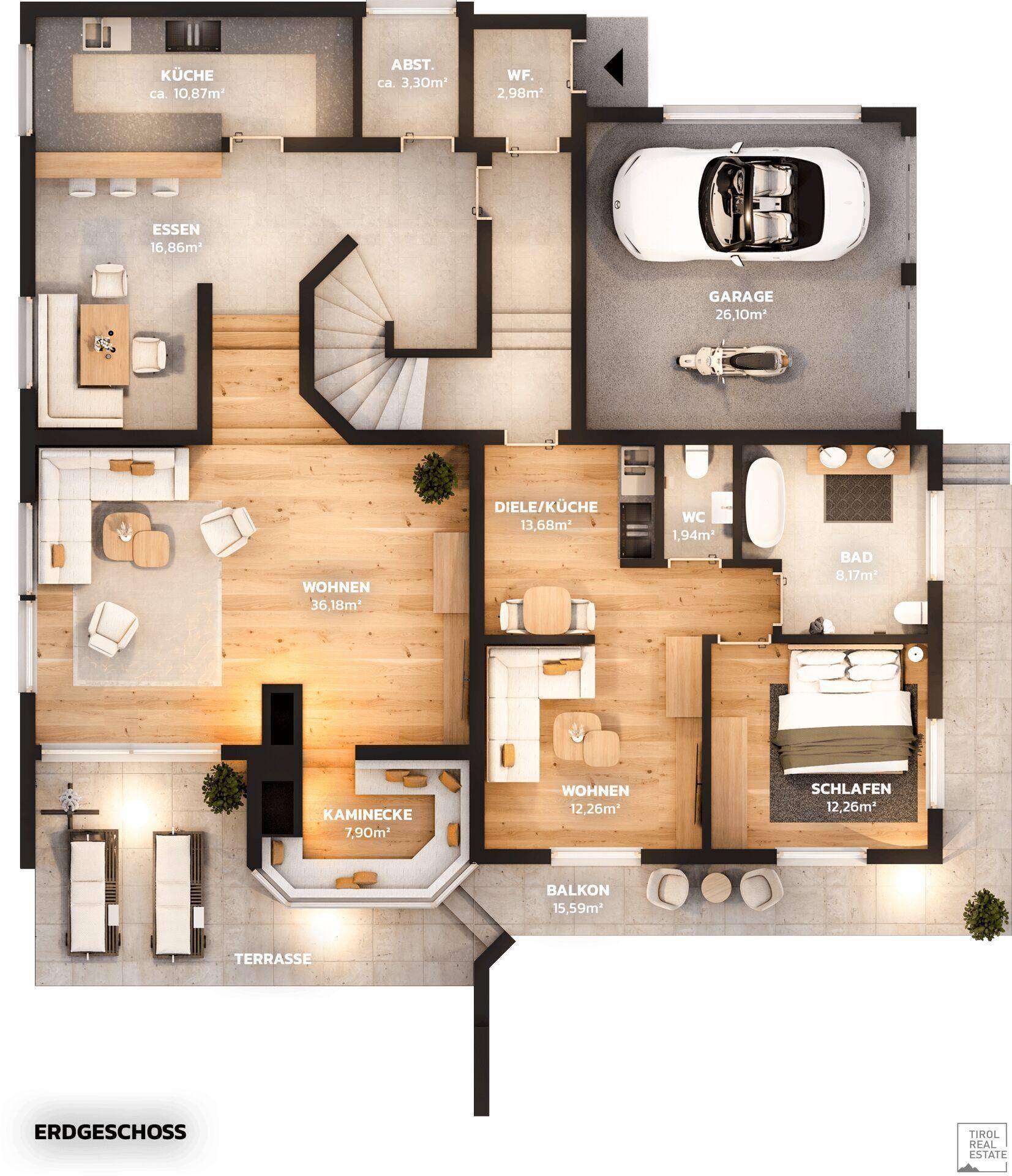 Grundriss des Erdgeschosses mit Wohnbereich, Küche, Terrasse und Garage.