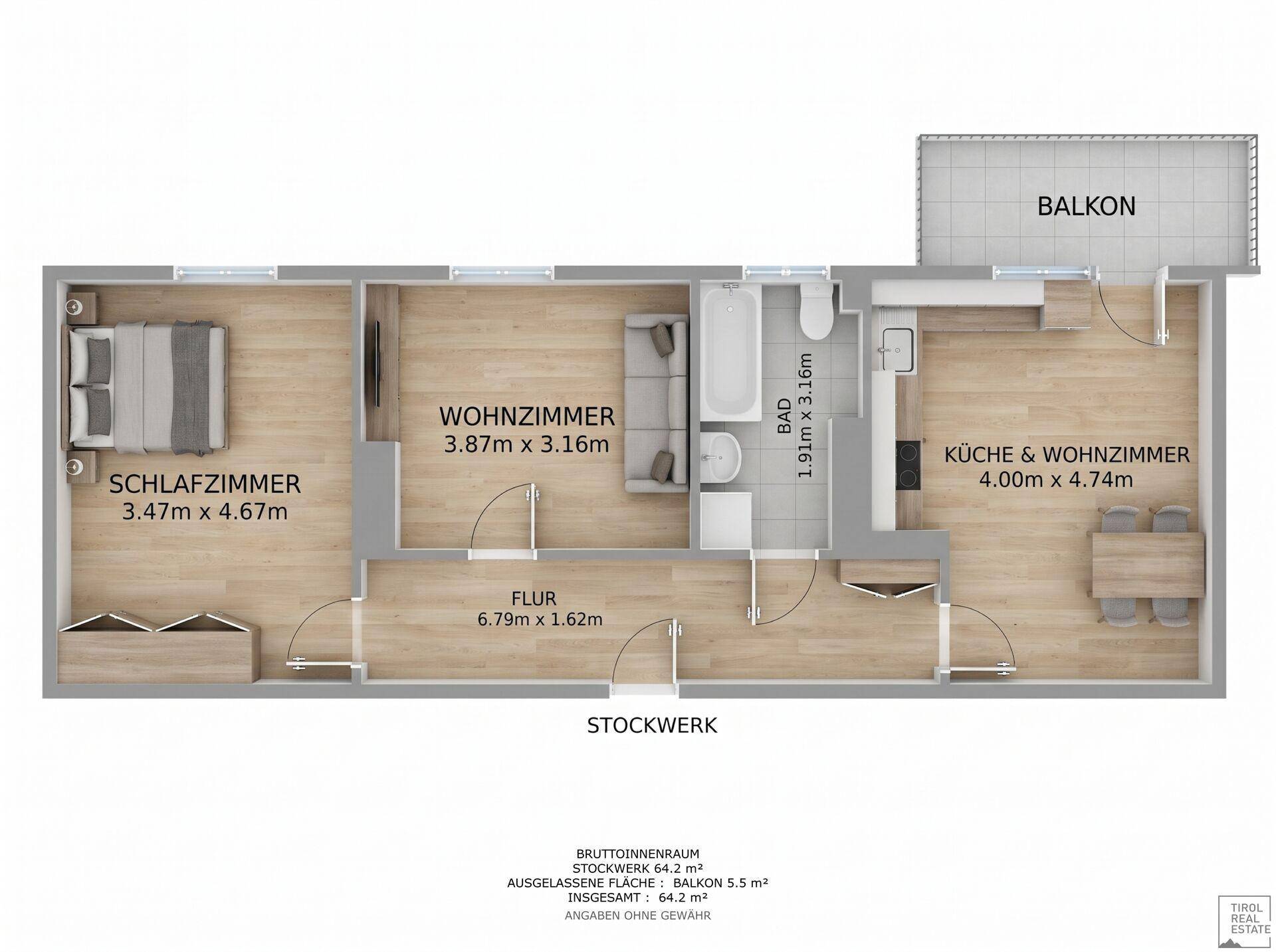 Grundriss der Wohnung mit Schlafzimmer, Wohnzimmer, Bad und Küche mit Wohnzimmer.