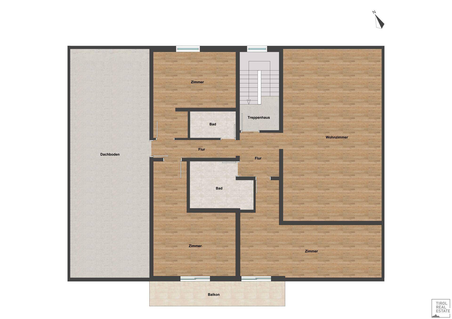 Grundriss des Dachgeschosses mit Zimmern, Bädern und einem Balkon.