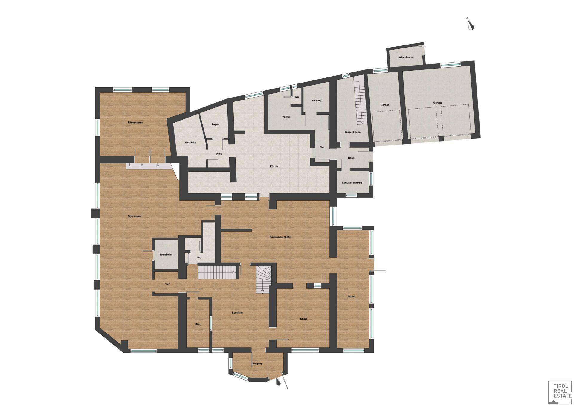Grundriss des Erdgeschosses mit Küche, Essbereich, Zimmern und integrierter Garage.