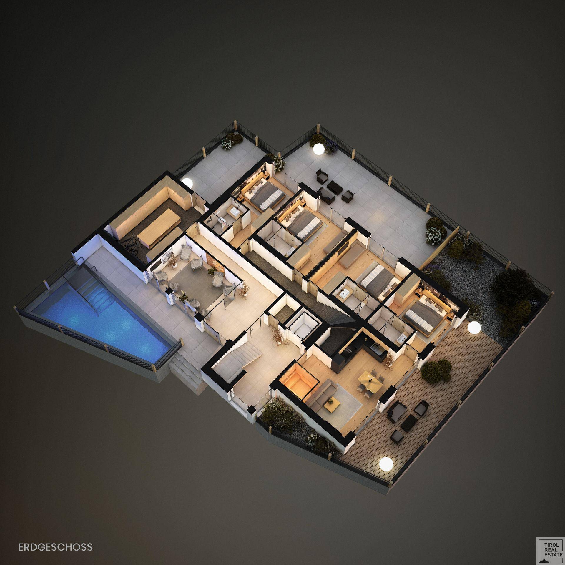 Gesamtansicht des 3D-Grundrisses mit mehreren Etagen, Pool und Terrassen.