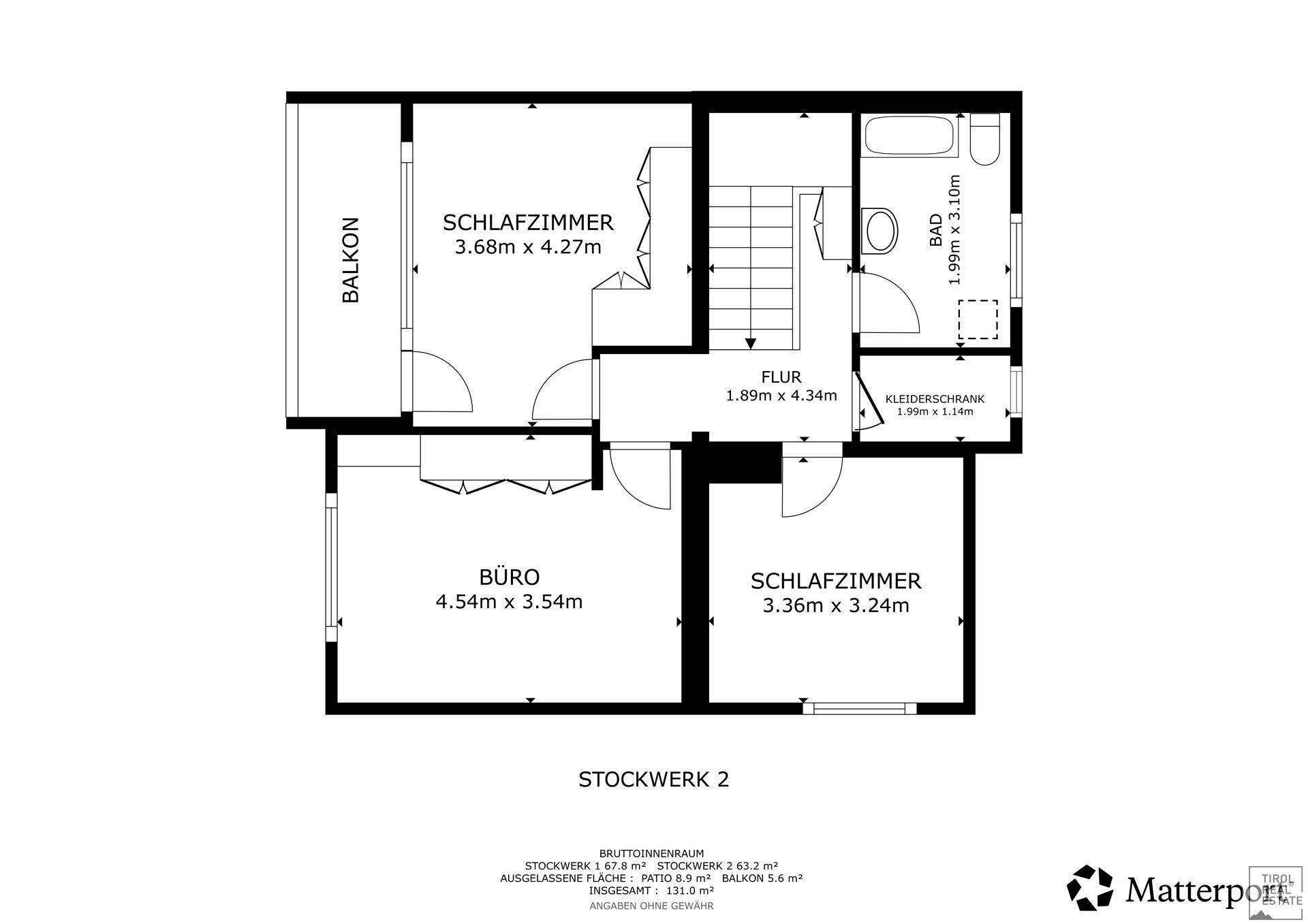 Grundriss des zweiten Stockwerks mit zwei Schlafzimmern, Büro, Bad und Balkon.