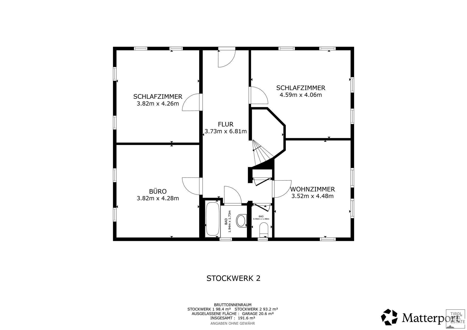 Grundriss des zweiten Stockwerks mit Schlafzimmern, Büro und Badezimmer.