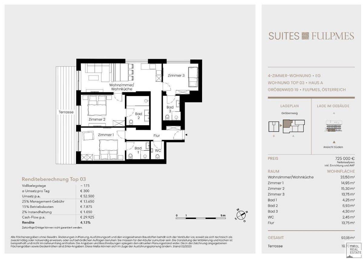 Detaillierter Grundriss einer 4-Zimmer-Wohnung mit Terrasse und separatem WC.
