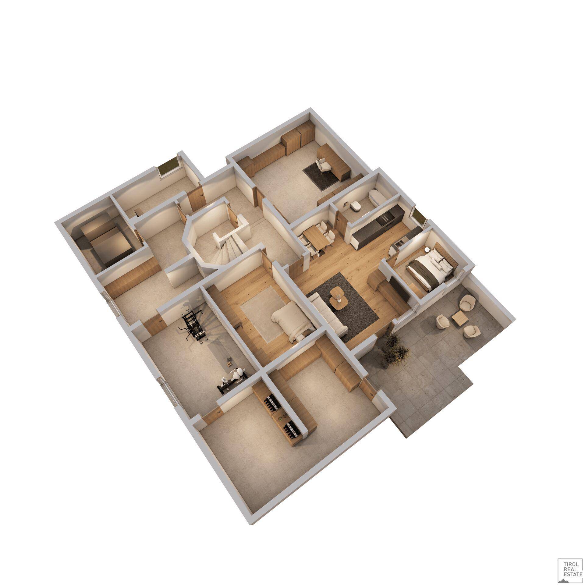 3D-Ansicht des Kellergeschosses mit Fitnessraum, Weinkeller und Terrasse.