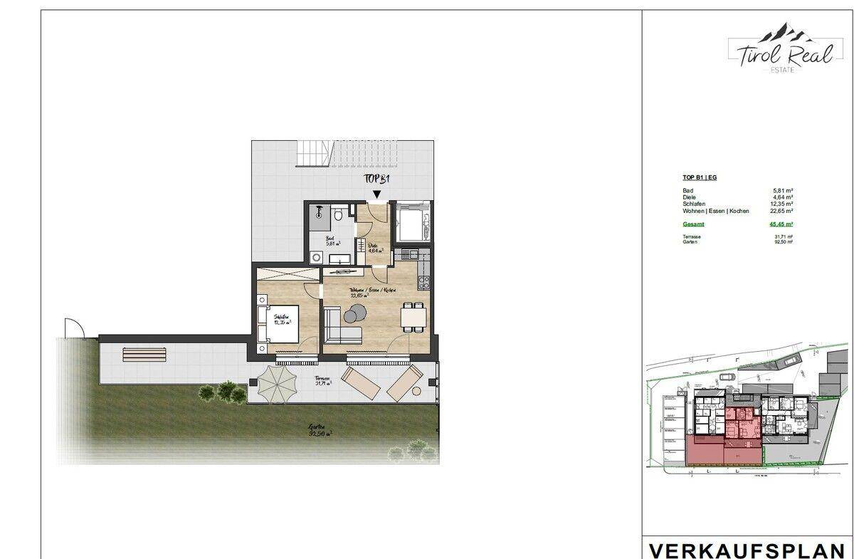 Detaillierter Grundriss einer Wohnung mit Terrasse und Garten, inklusive Raumaufteilung.