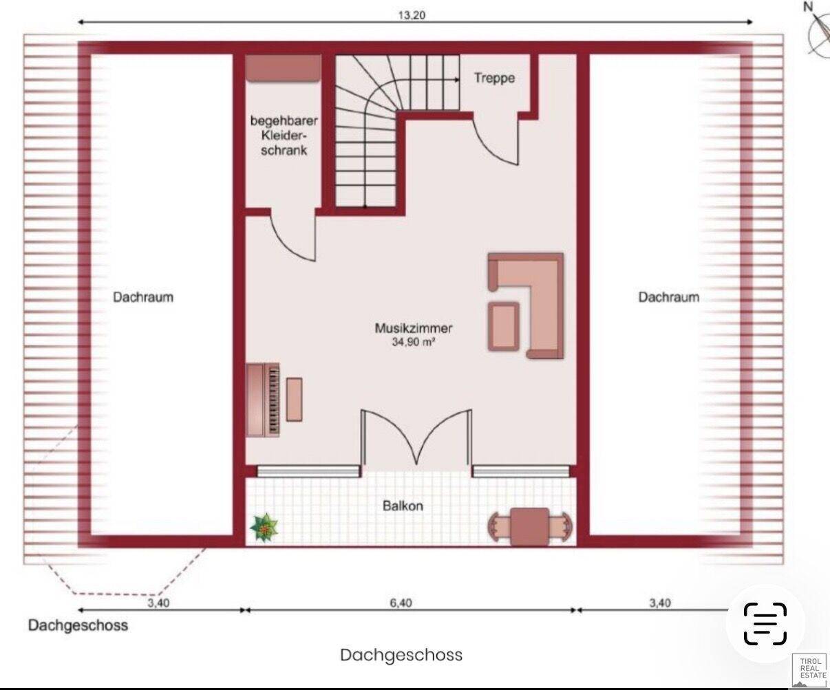 Grundriss des Dachgeschosses mit Musikzimmer, begehbarem Kleiderschrank, Dachräumen und Zugang zu einem Balkon.