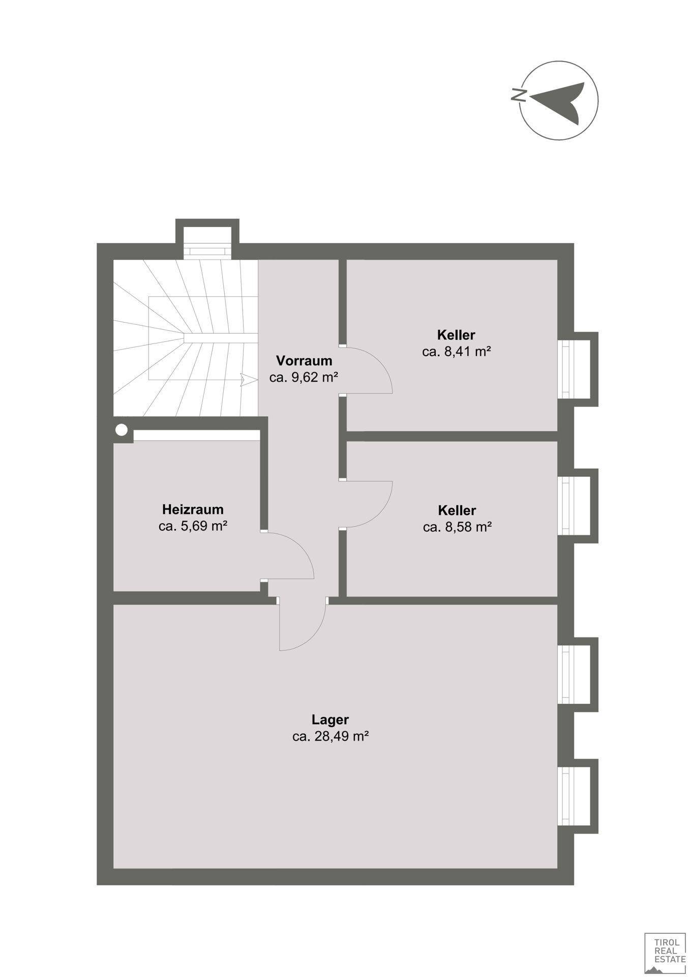 Grundriss des Kellergeschosses mit Heizraum, Lager und zwei Kellerräumen.