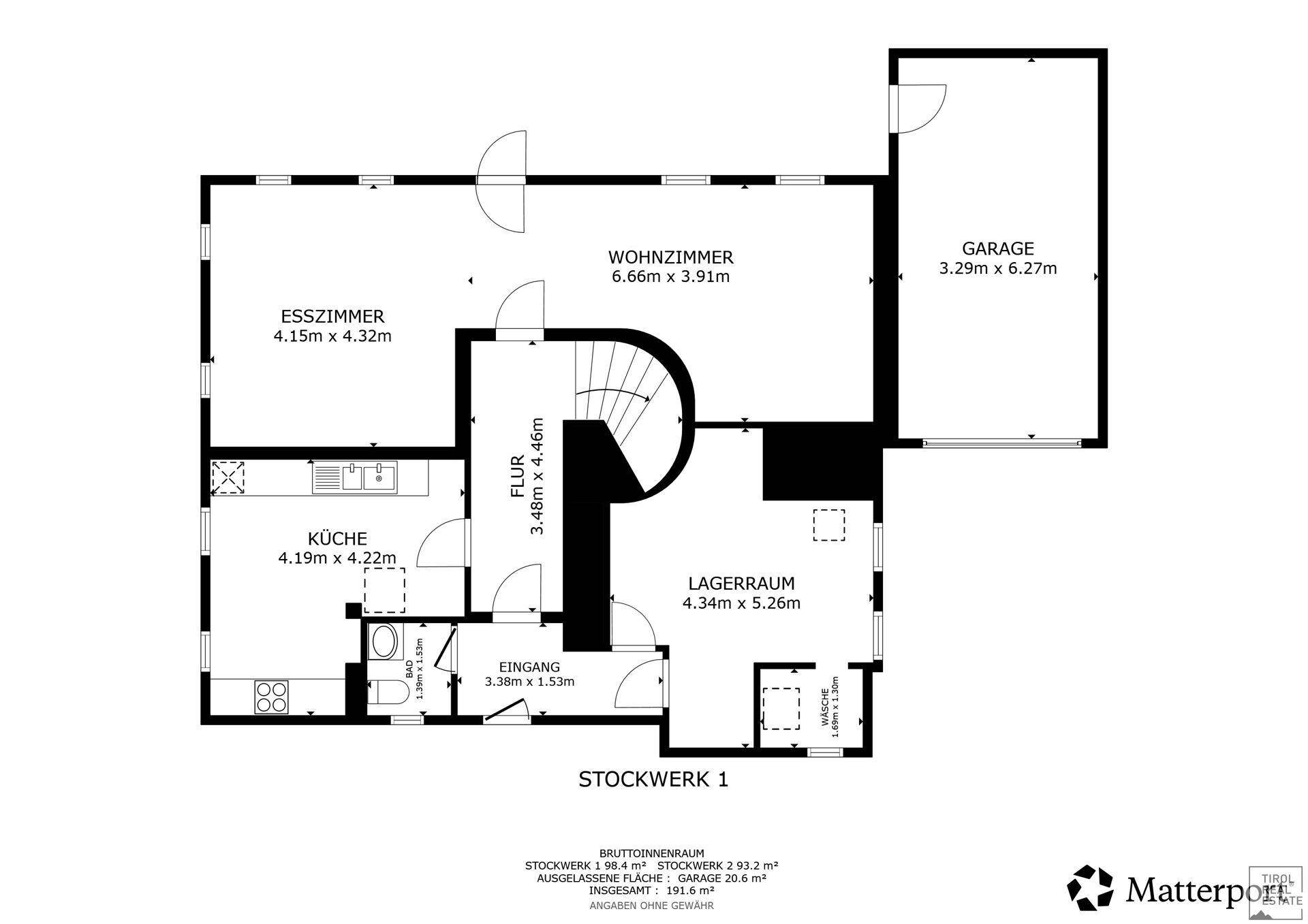 Grundriss des ersten Stockwerks mit Wohnzimmer, Esszimmer und Küche.