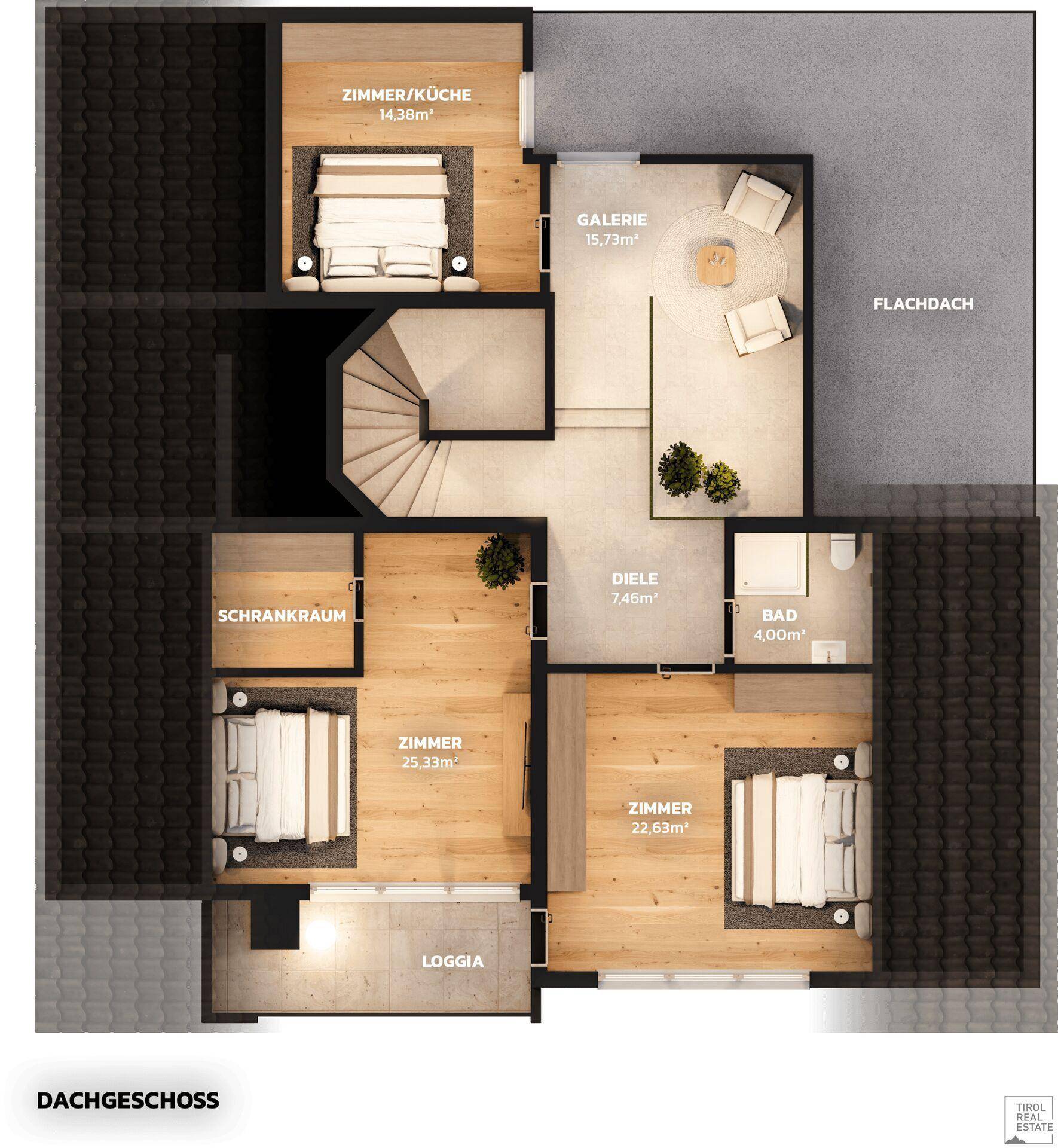 Grundriss des Dachgeschosses mit Schlafzimmern, Bad und Loggia.