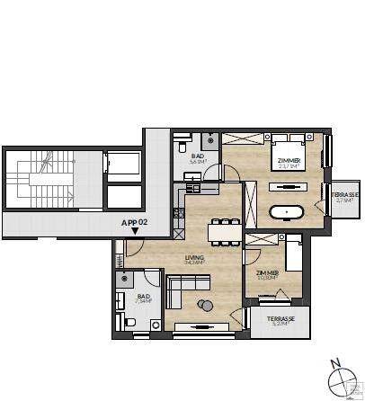 Grundriss der Wohnung APP 02 mit offenem Wohnbereich, zwei Schlafzimmern, zwei Bädern und zwei Terrassen.