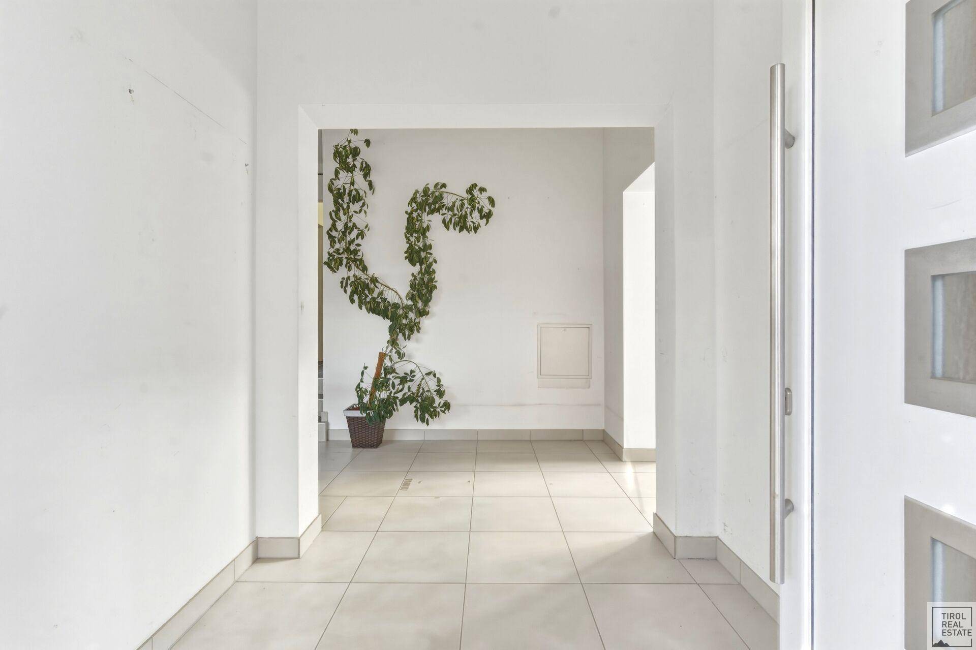 Geräumiger Eingangsbereich mit Fliesenboden und viel Platz, ideal für Pflanzen.