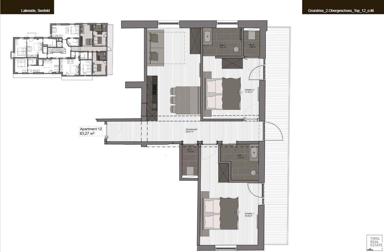 Grundriss der Wohnung 12 im zweiten Obergeschoss mit zwei Schlafzimmern und Bädern.