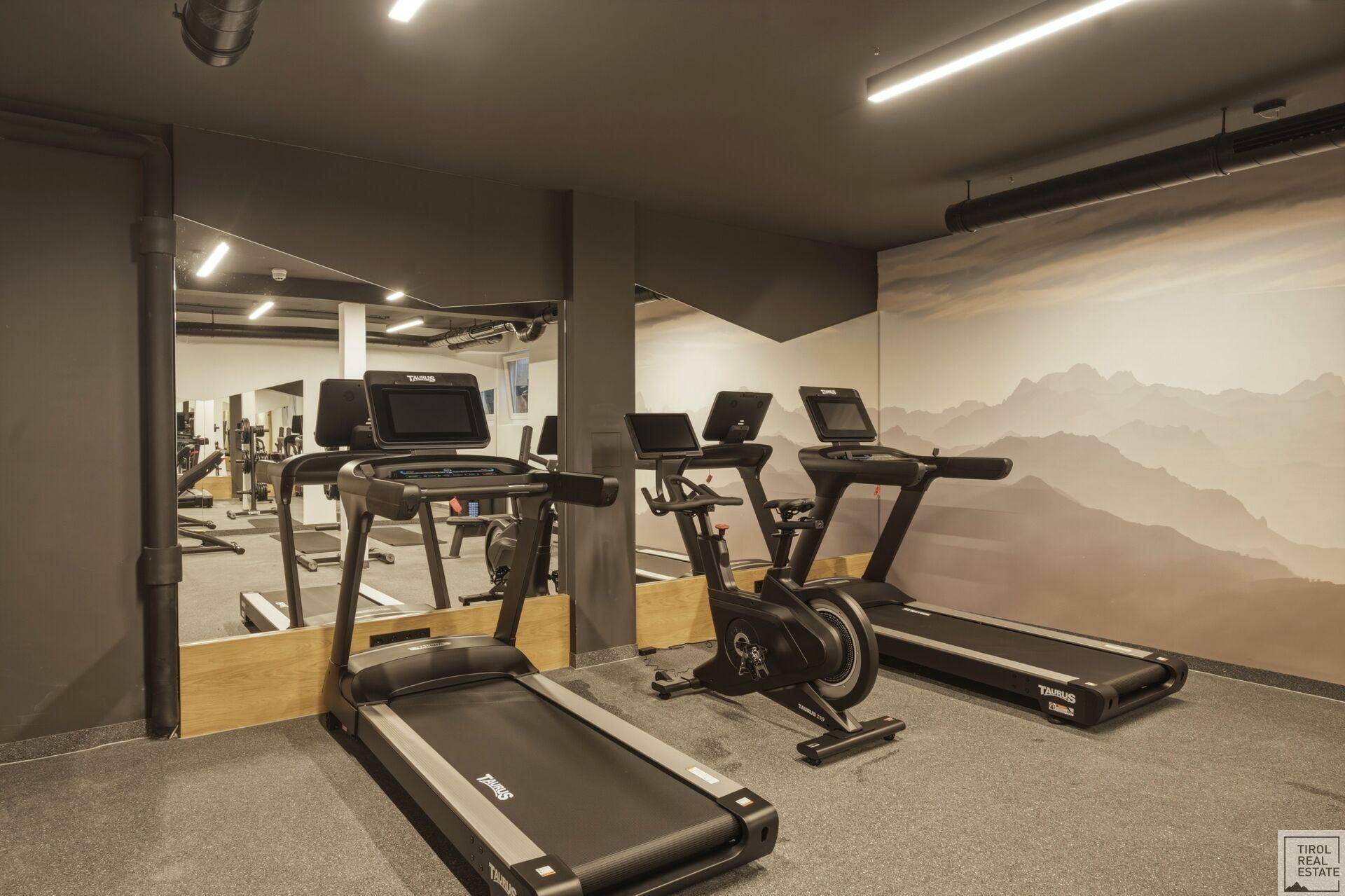 Moderner Fitnessraum mit Laufbändern, Fahrrädern und Spiegelwänden für das tägliche Training.