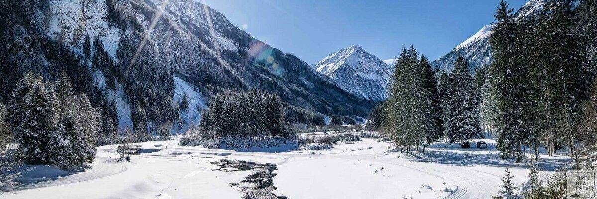 Malerische Winterlandschaft mit schneebedeckten Bergen und Wäldern unter strahlend blauem Himmel.
