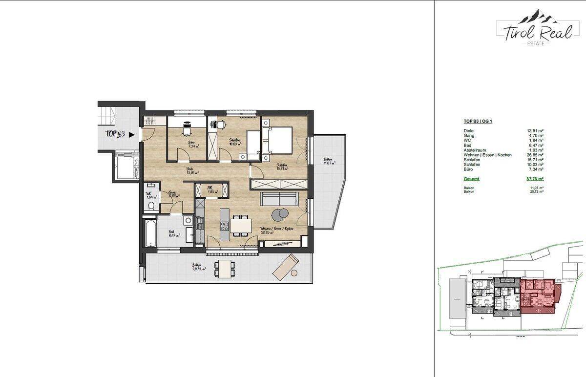 Detaillierter Grundriss einer Wohnung mit mehreren Zimmern und Balkonen.