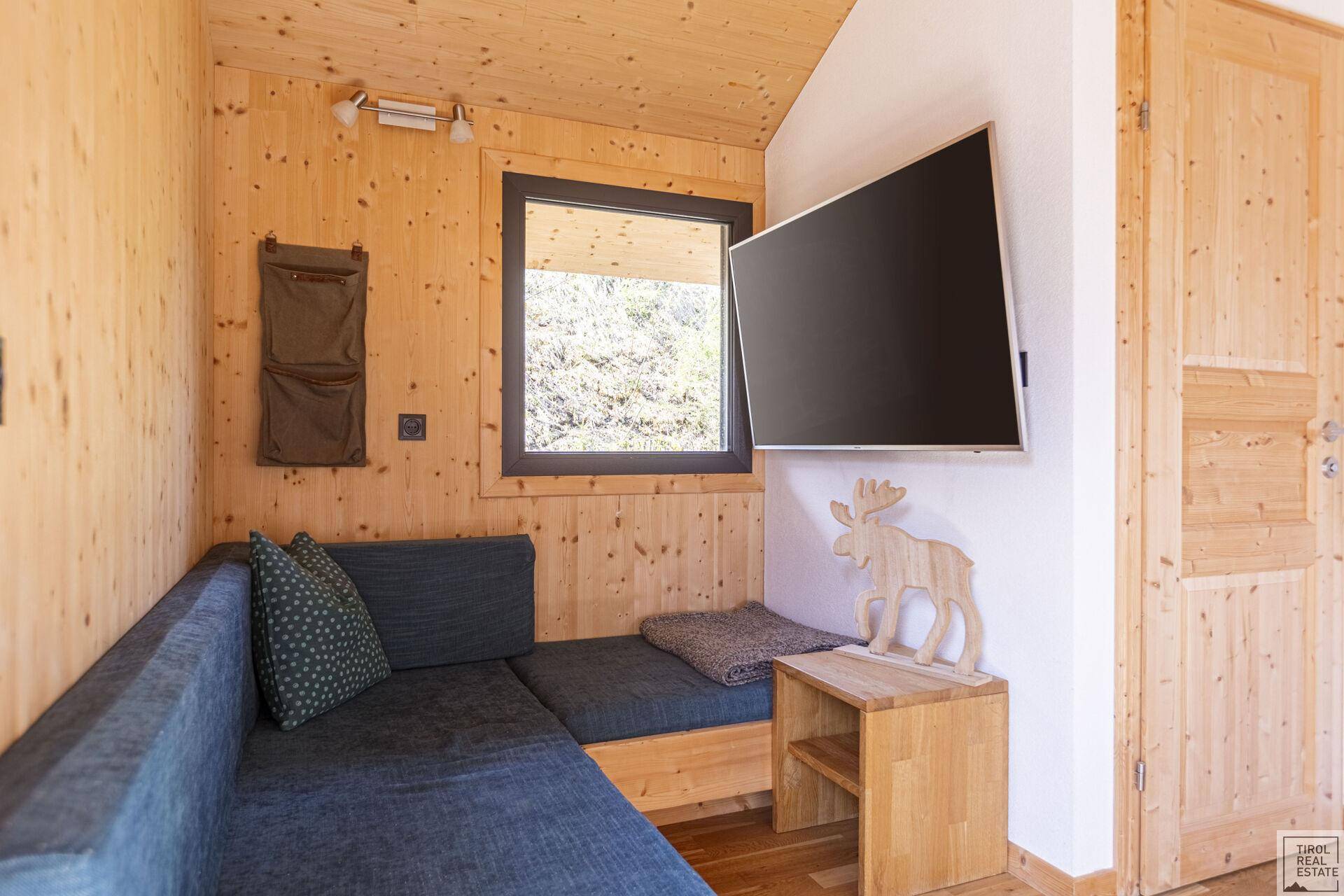 Kleiner Wohnbereich mit Sofa, Wandfernseher und Holzwänden.