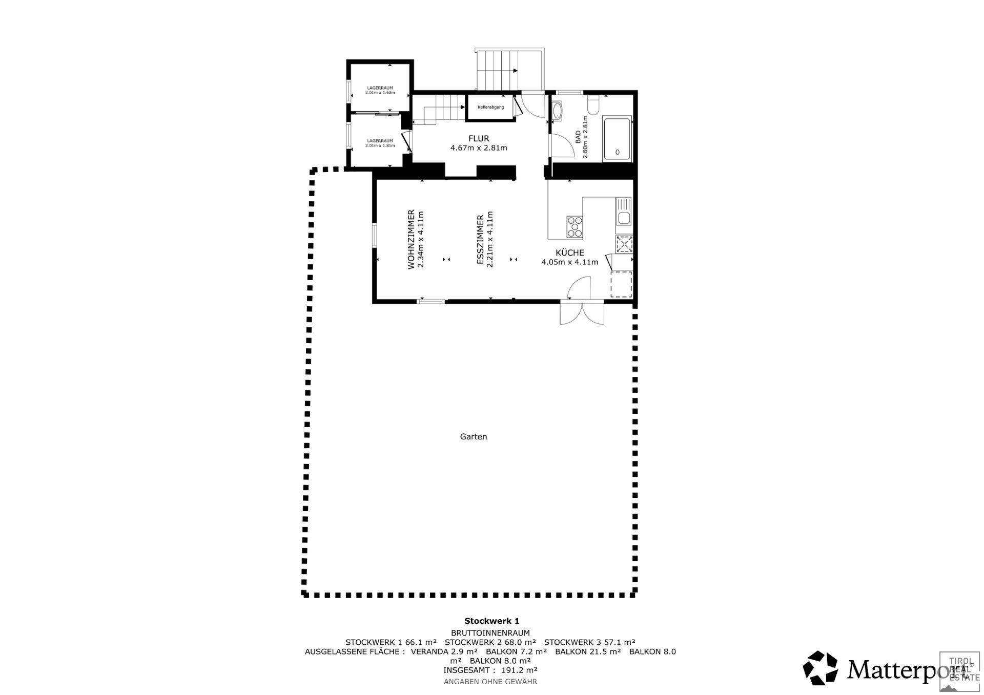 Grundriss des ersten Stockwerks mit Wohnzimmer, Esszimmer, Küche, Bad und direktem Zugang zum Garten.