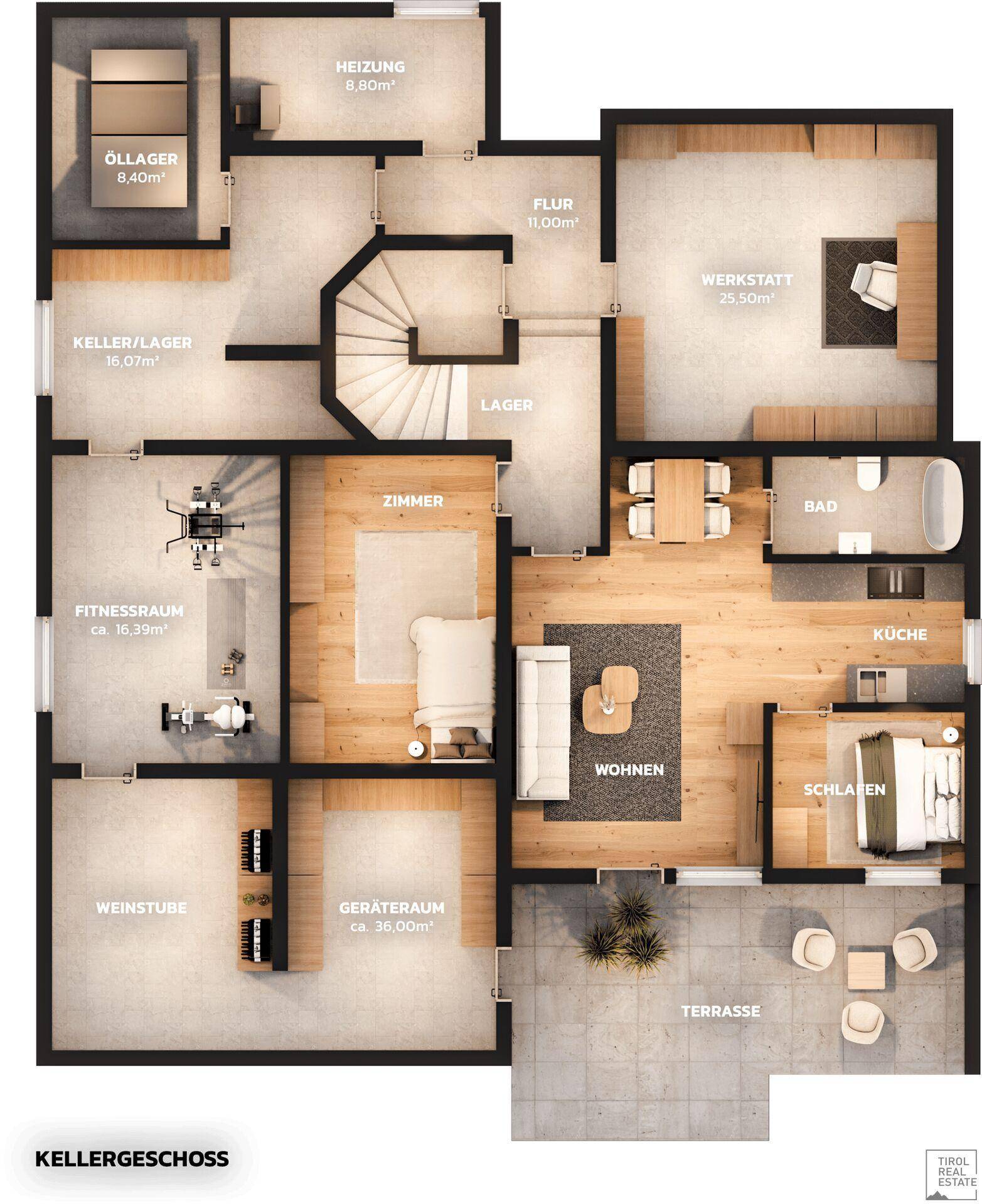 Grundriss des Kellergeschosses mit Fitnessraum, Weinkeller und Terrasse.