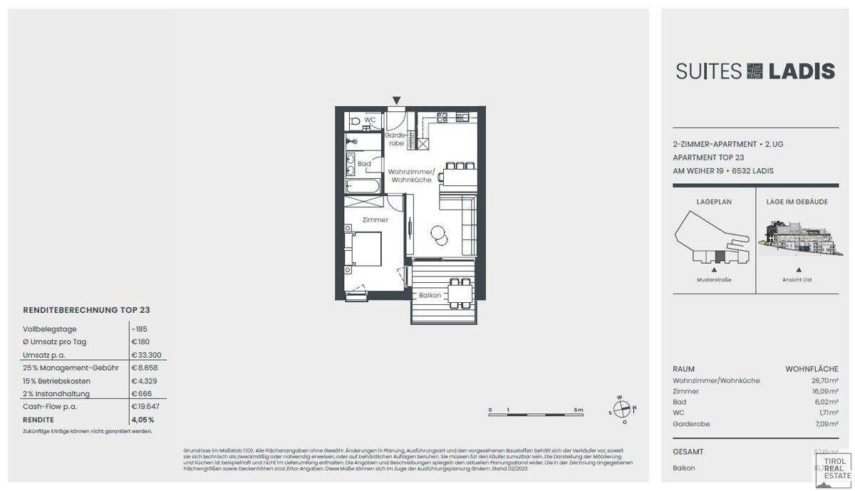 Grundriss einer modernen 2-Zimmer-Wohnung mit offenem Wohnbereich, Balkon und separatem WC.