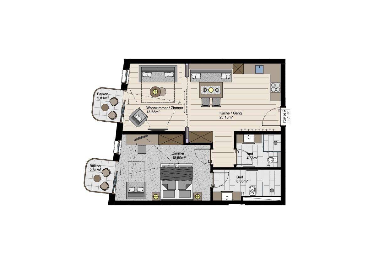 Grundriss einer Wohnung mit zwei Schlafzimmern, zwei Bädern und Balkonen.