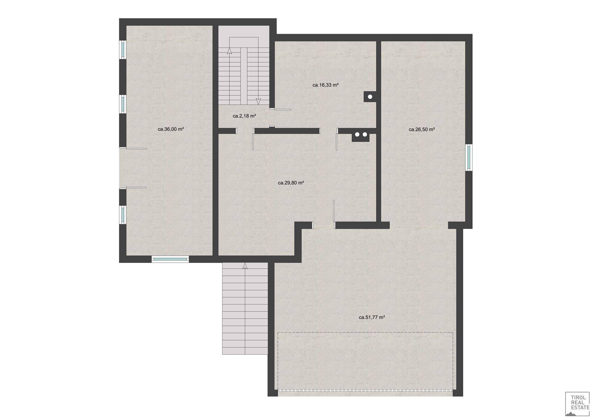 Grundriss des Untergeschosses mit verschiedenen Räumen und dem zentralen Treppenhaus.