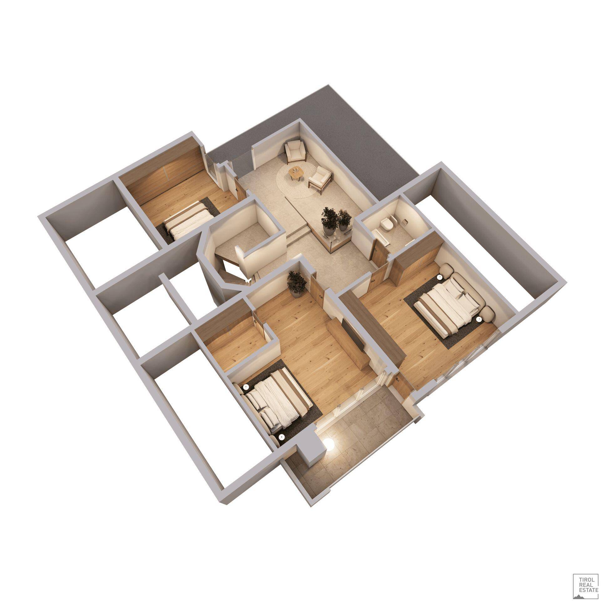 3D-Ansicht des Dachgeschosses mit Schlafzimmern, Bad und Loggia.