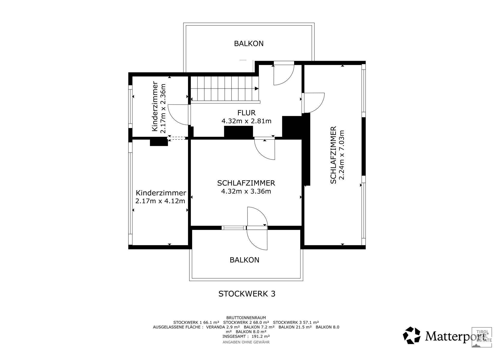 Grundriss des dritten Obergeschosses mit Kinderzimmern, Schlafzimmer und Balkon.