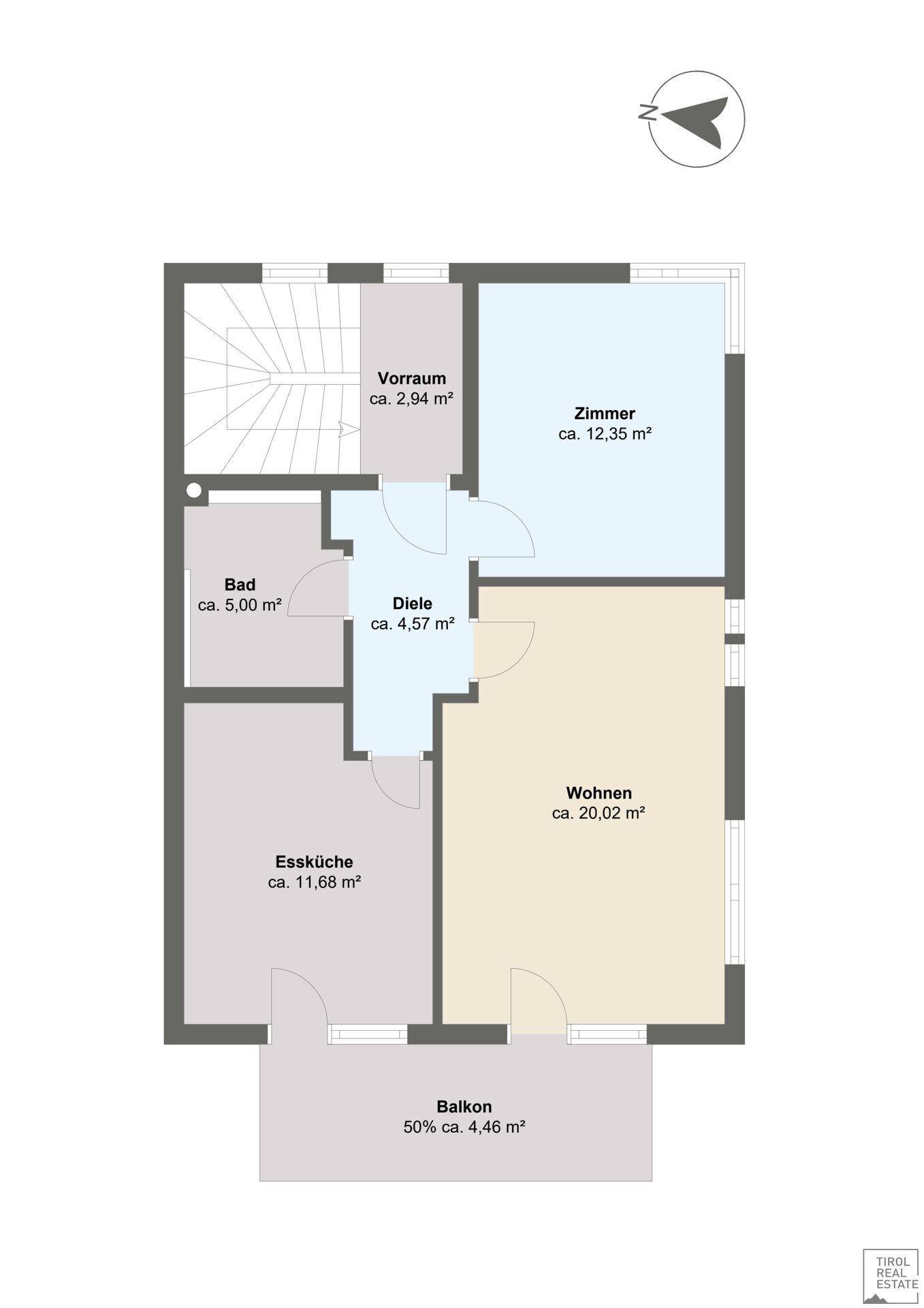 Grundriss eines Obergeschosses mit Wohnbereich, Essküche, Bad und Balkon.