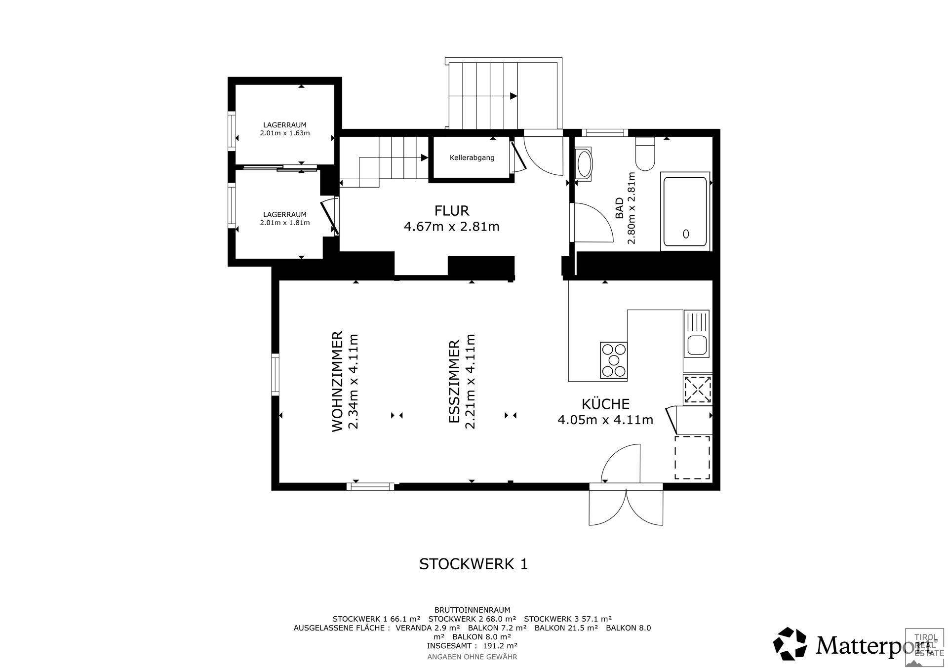 Grundriss des ersten Obergeschosses mit Wohnzimmer, Esszimmer, Küche, Bad und Lagerräumen.