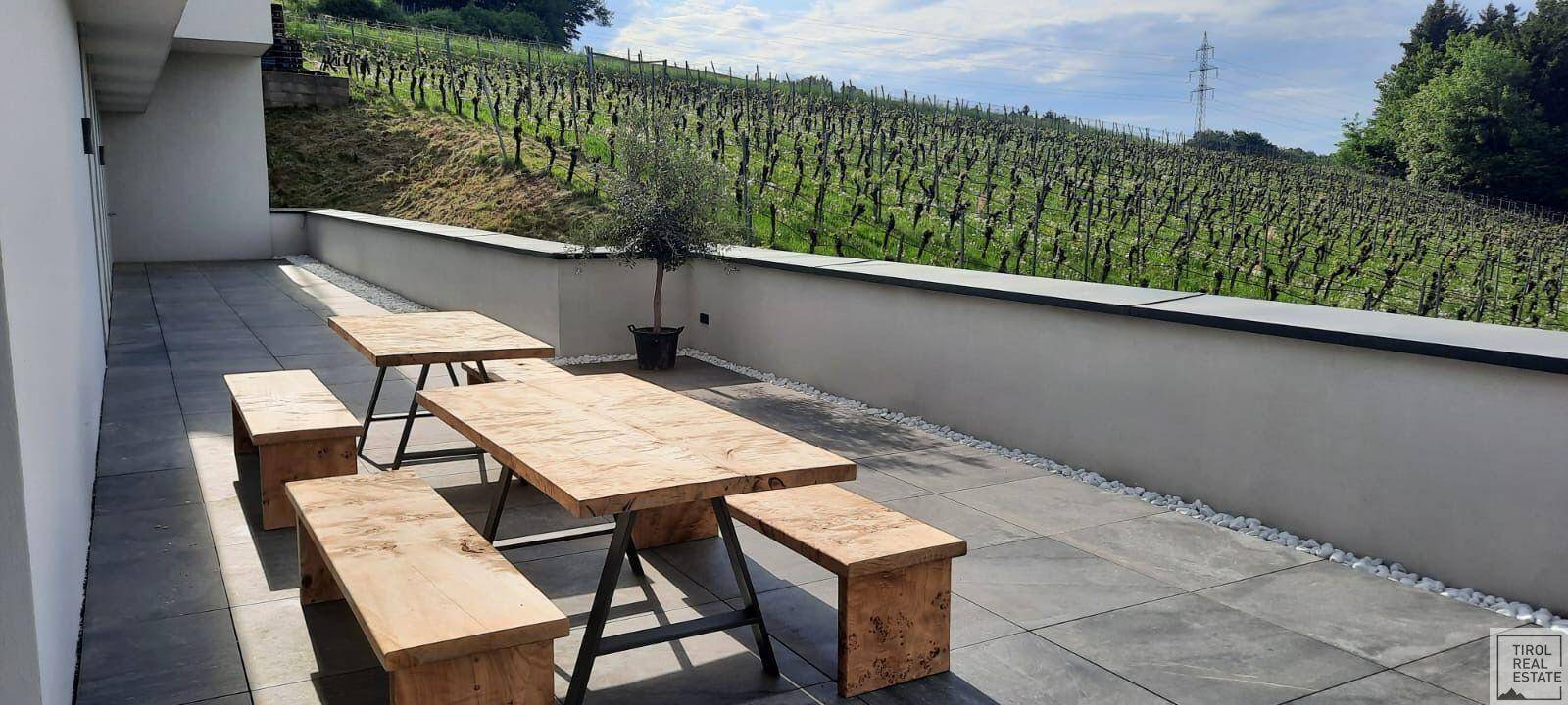 Terrasse mit Holztischen und Bänken, direkt angrenzend an einen Weinberg mit grünen Reben.
