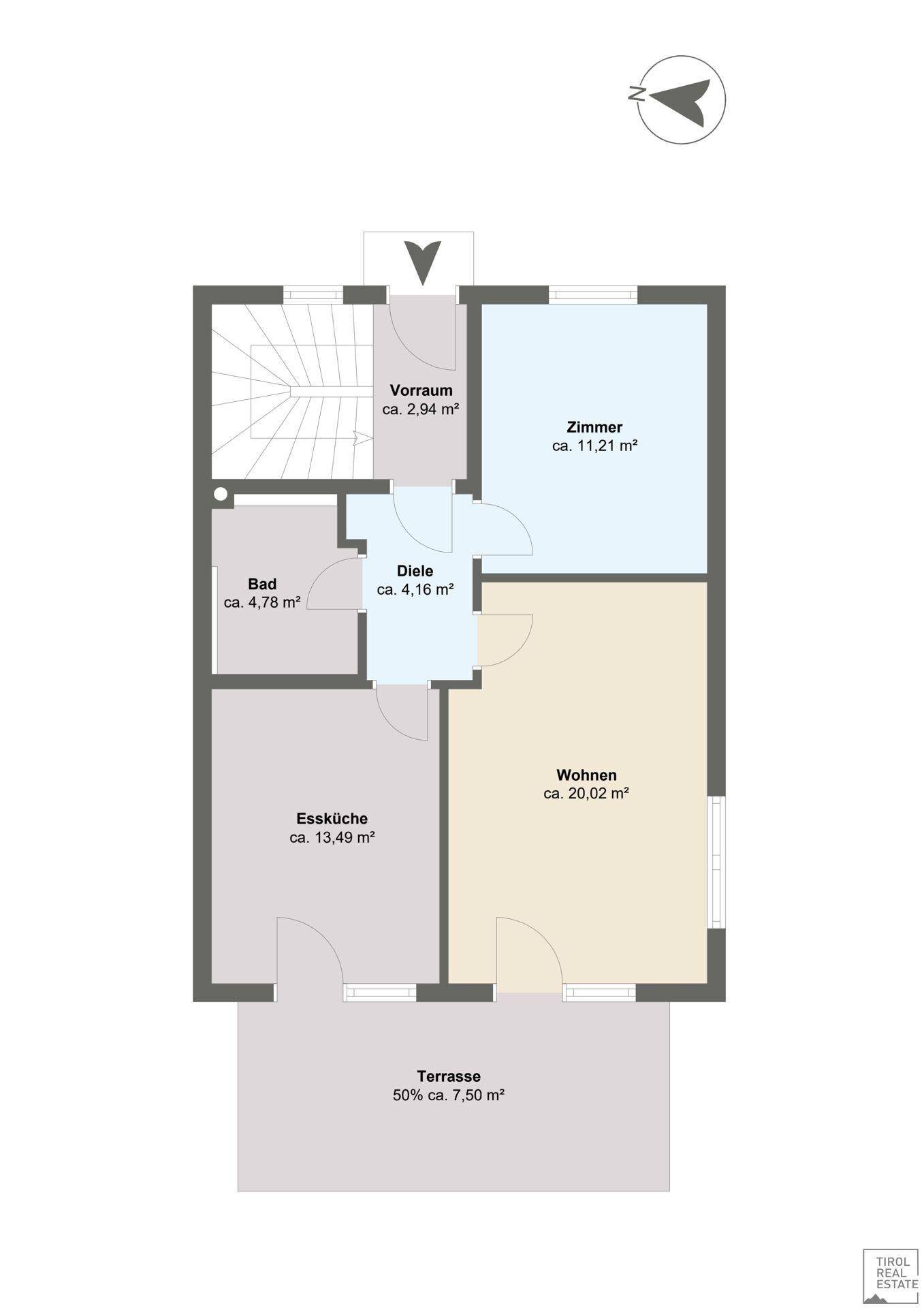 Grundriss des Erdgeschosses mit Essküche, Wohnzimmer, Bad und Terrasse.