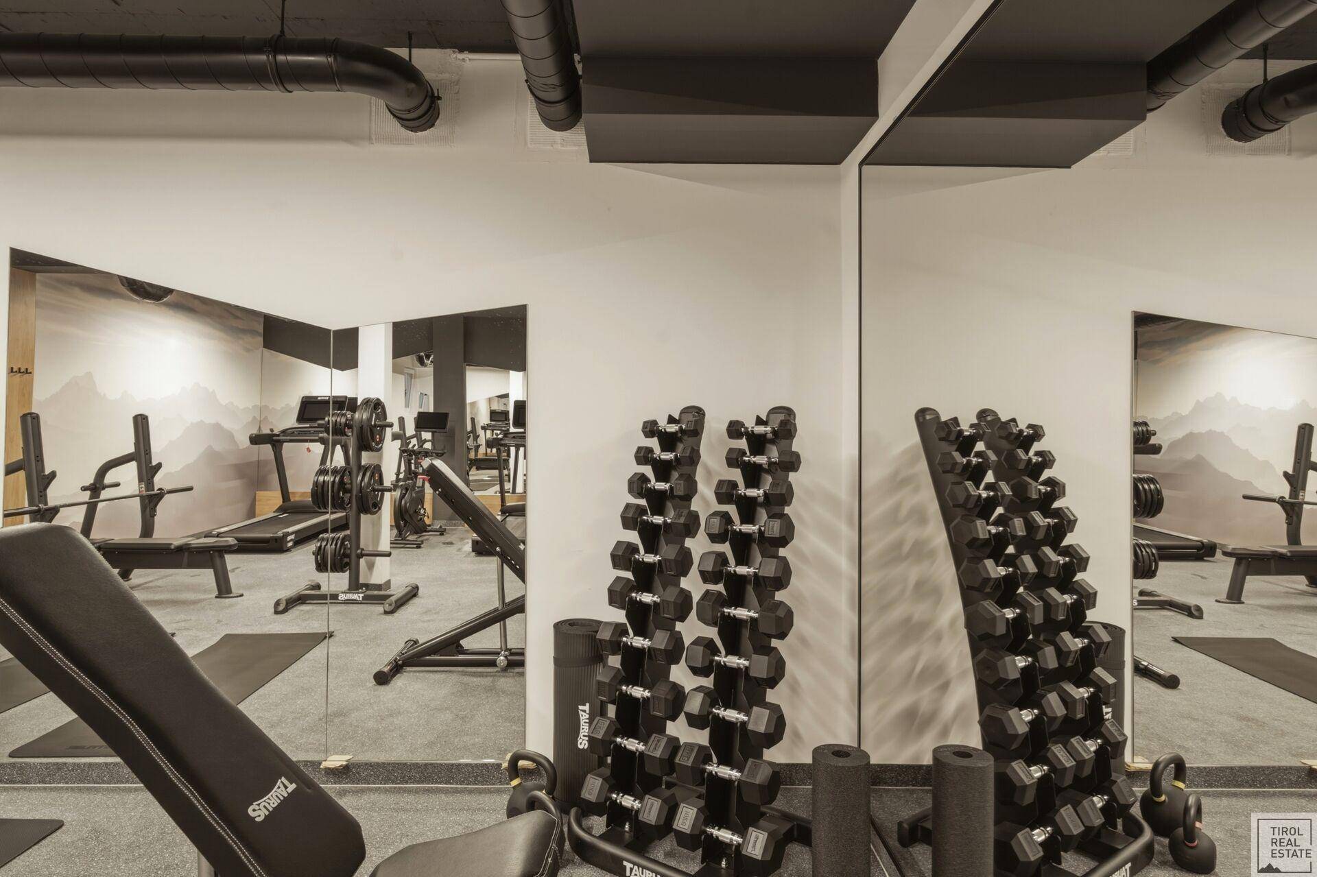 Fitnessbereich mit einer Auswahl an Hanteln und Trainingsbänken für Kraftübungen.