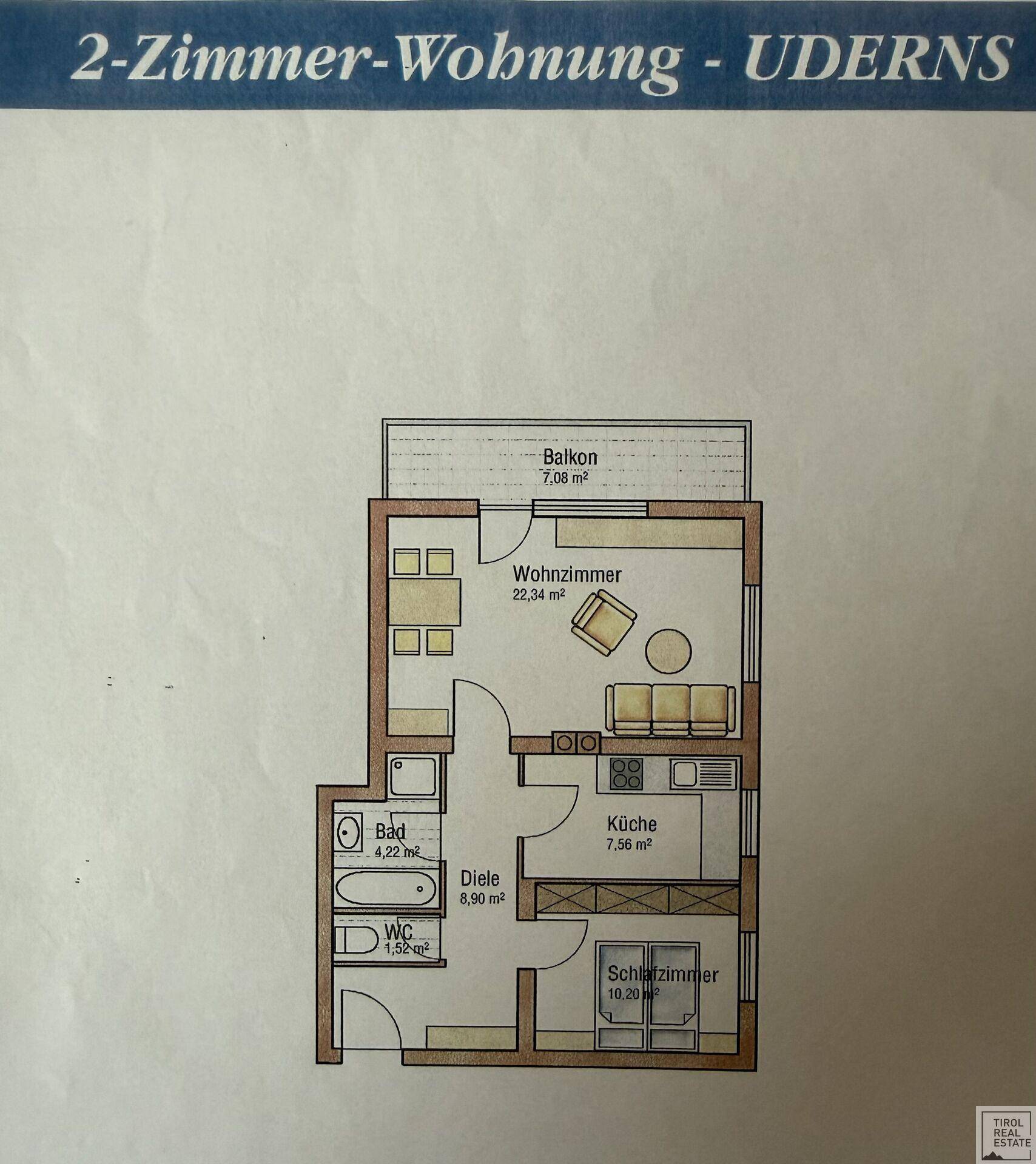 Grundriss einer 2-Zimmer-Wohnung mit Wohnzimmer, Küche, Schlafzimmer und Balkon.