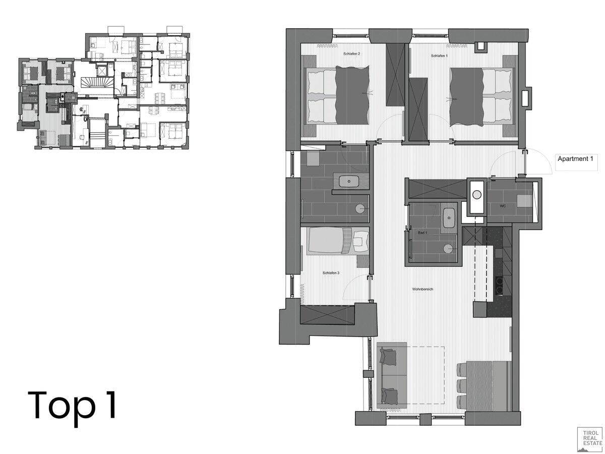 Detaillierter Grundriss der Wohnung Top 1 mit drei Schlafzimmern und zwei Bädern.